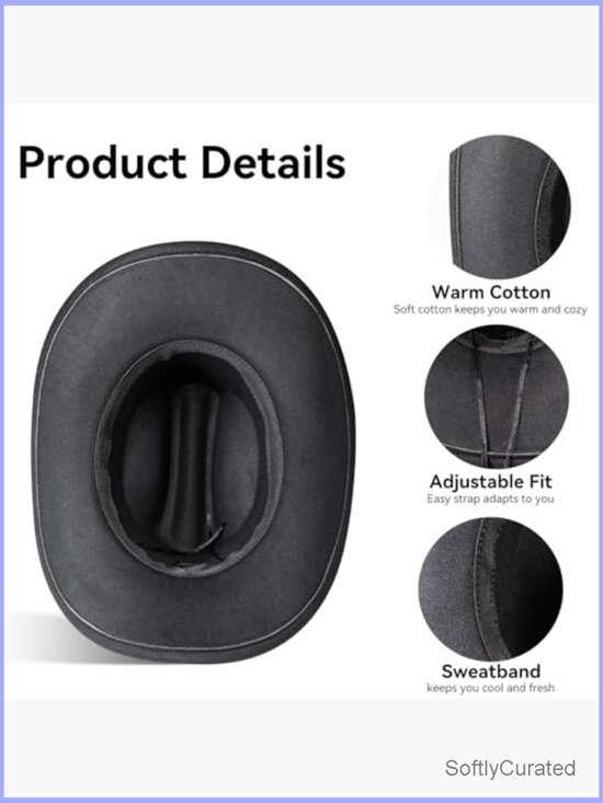Wide Brim Cowboy Hat with 2 Detachable Bands, Felt, Adjustable main image 7